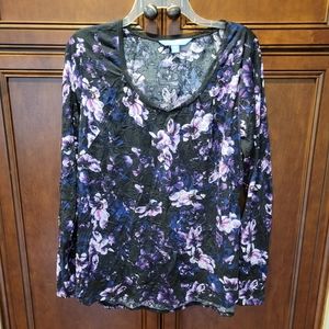 Simply Vera Vera Wang Size XL Black Purple Blue Floral Long Sleeve Top
